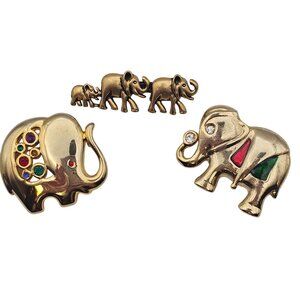 Elephant 3pc Lot Set Brooches Gold Toned Rhinestone Figural Pin Safari Animals